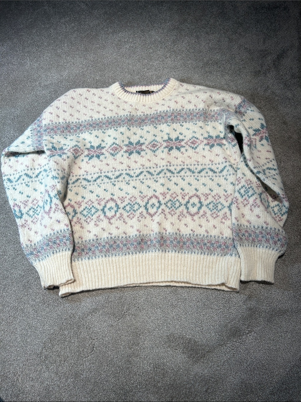 Eddie Bauer Cream Fair Isle Crewneck Sweater with Pink & Blue Accents